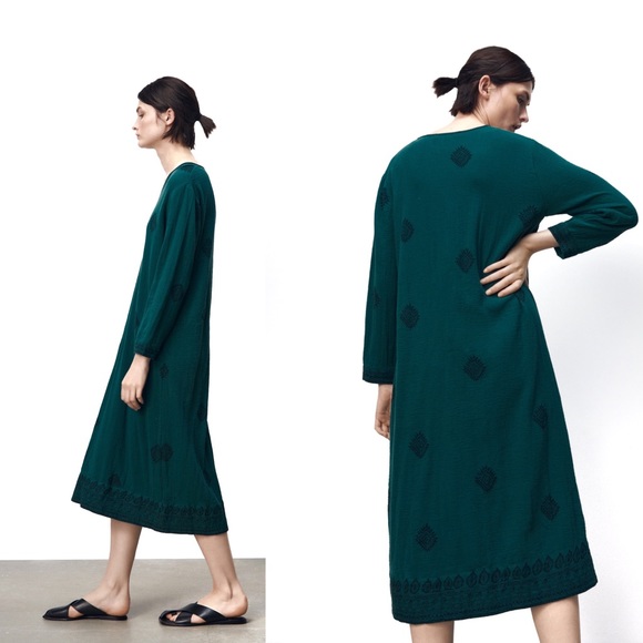 Zara NWT Green Printed Loose Fitting Long Sleeve Dress Large - Picture 9 of 14